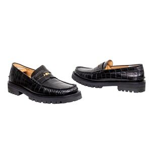 MSRP $855 Versace Medusa Croc Embossed Lug Sole Black Loafers US 11.5